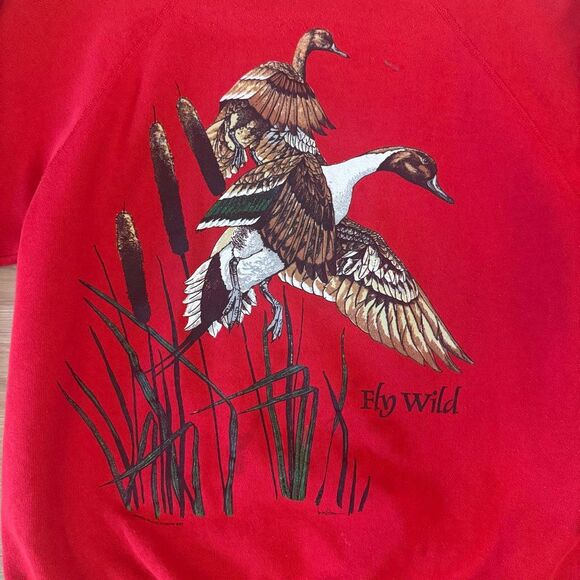 Vintage 80s Fly Wild Canadian Geese Red Sweatshirt Size Large Retro Cottagecore - Picture 2 of 6
